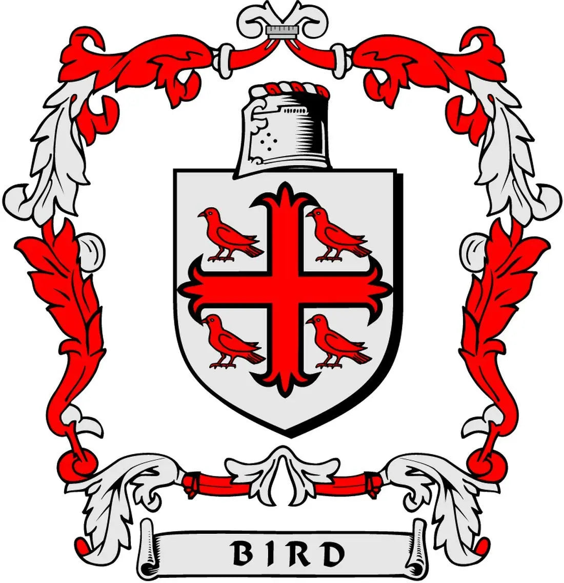 Bird family crest coat of arms magnet with shield, red birds, and banner