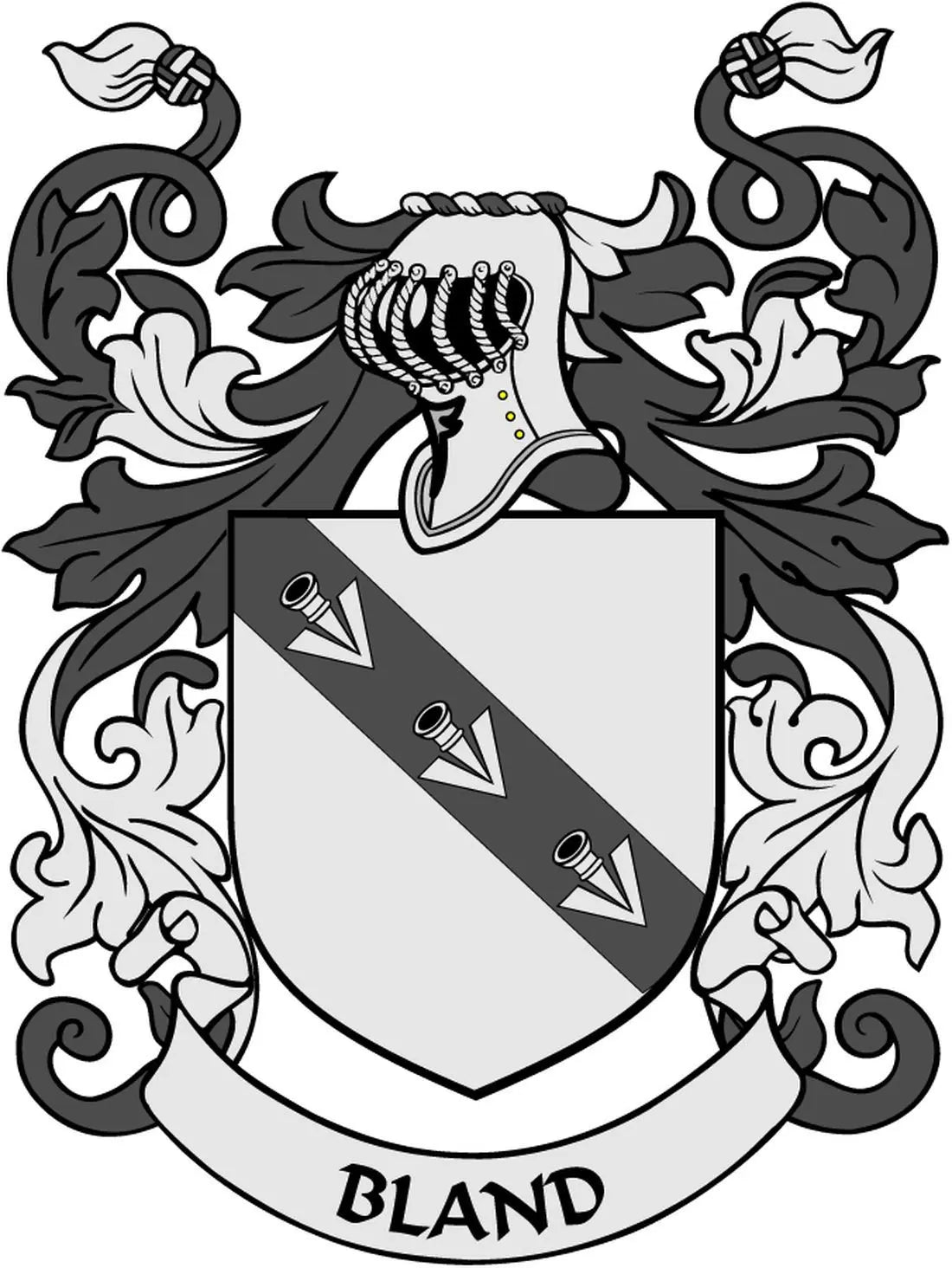 Bland family crest coat-of-arms magnet with shield and scrolls, 3-inch