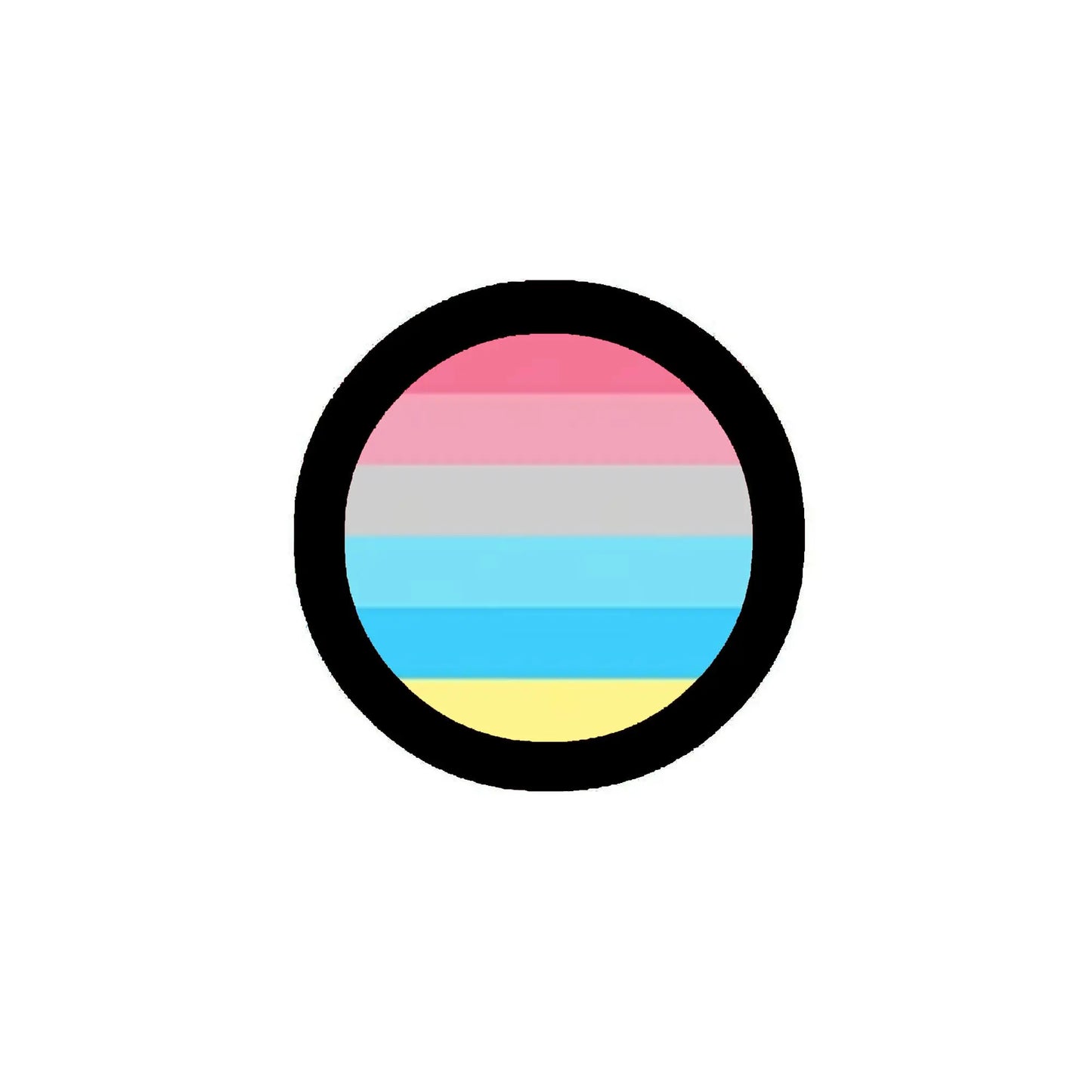 2.25-inch circular pin with rainbow pride flag stripes in pink, blue, and yellow