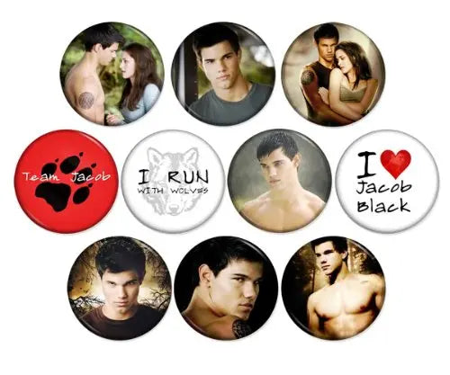 Set of 10 round Jacob Black photo magnets with faces and Team Jacob text