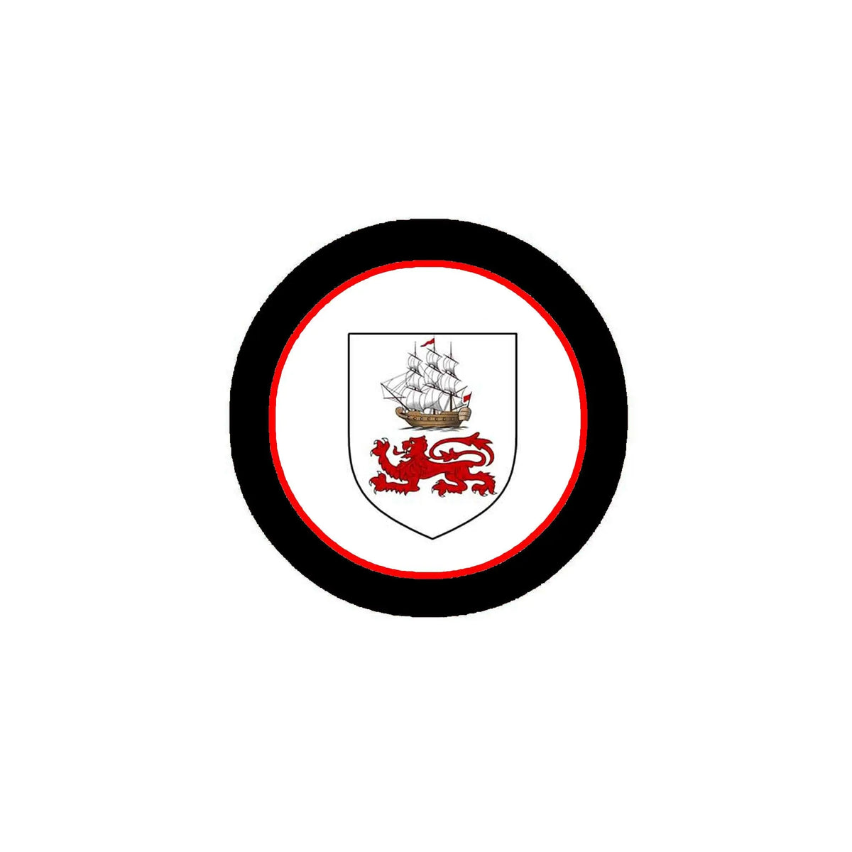 Twomey 3-inch coat arms magnet, circular black-red rim with crest shield and ship