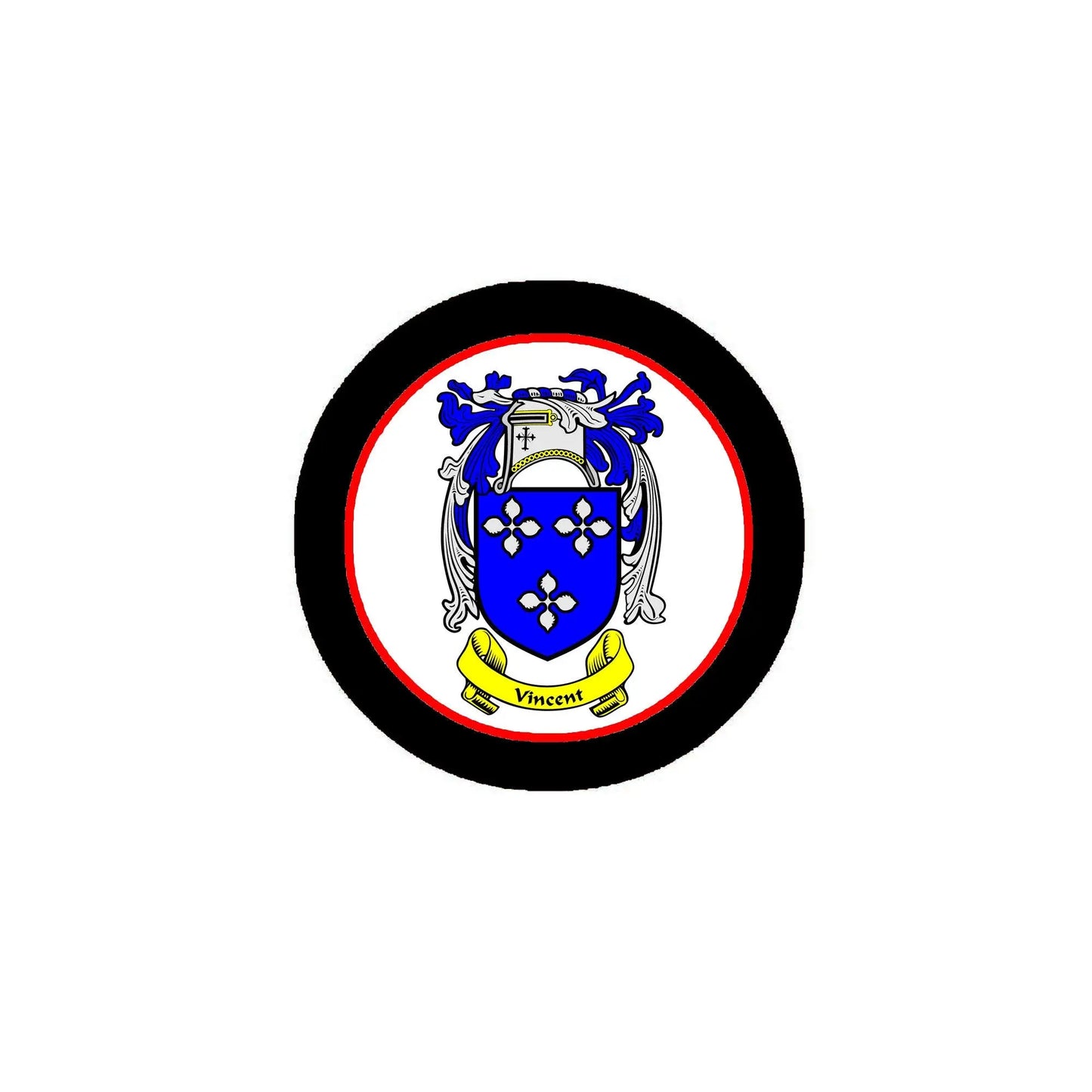 Round coat of arms pin badge with blue shield, yellow ribbon, and black border