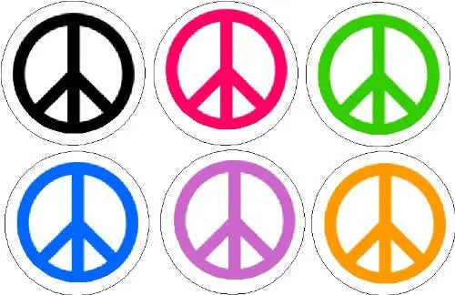 Set of 6 peace sign pinback buttons with multicolor round borders and peace symbol centers