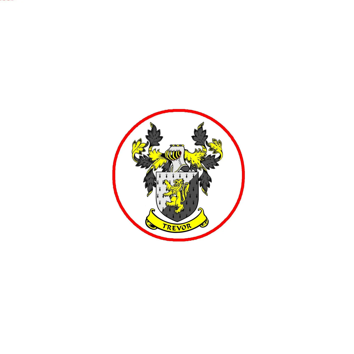 Trevor family crest coat of arms magnet, circular red border with shield and lettering