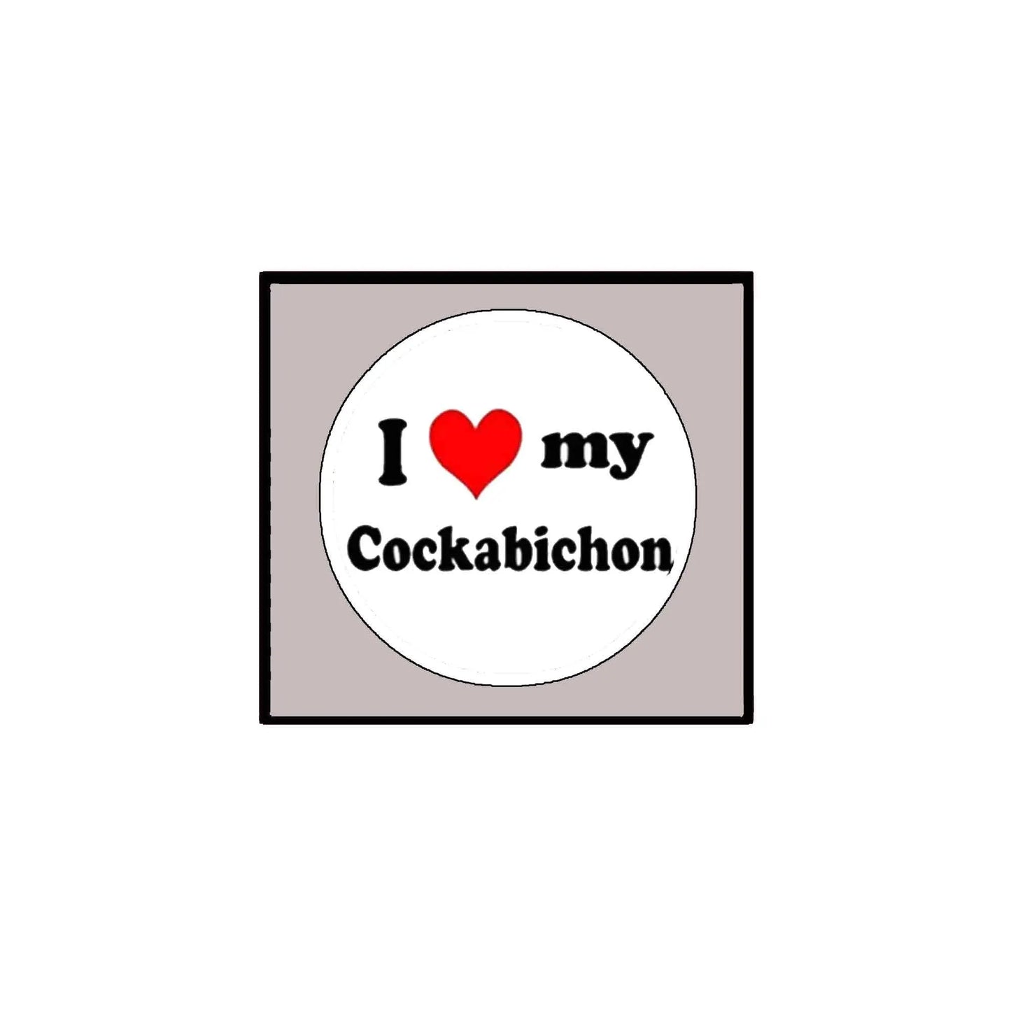 Round pinback button with white face, black “I ♥ my Cockabichon” text, and red heart