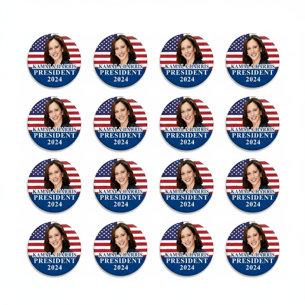 Set of round pinback buttons with portrait, U.S. flag, and “Kamala Harris President 2024”