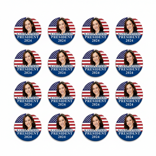 Set of round pinback buttons with portrait, U.S. flag, and “Kamala Harris President 2024”