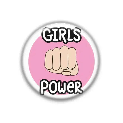 2.25-inch round fridge magnet with pink “Girls Power” text and raised fist graphic
