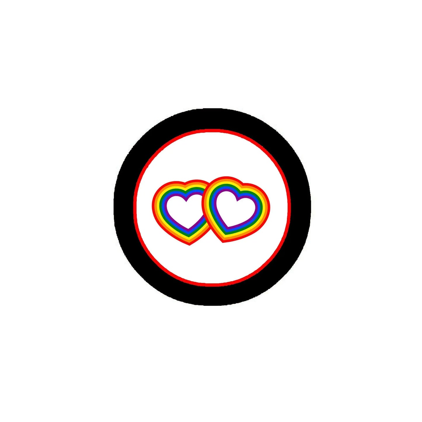 Rainbow pride heart glasses pinback button with black circular border