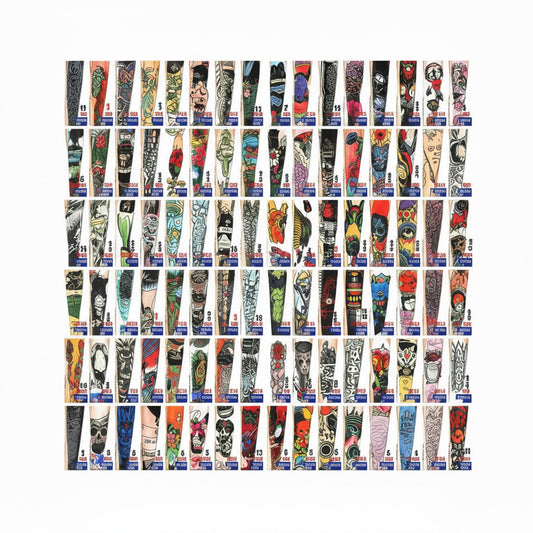 Assorted arm sleeve tattoo art prints set, multiple design strips shown in a grid