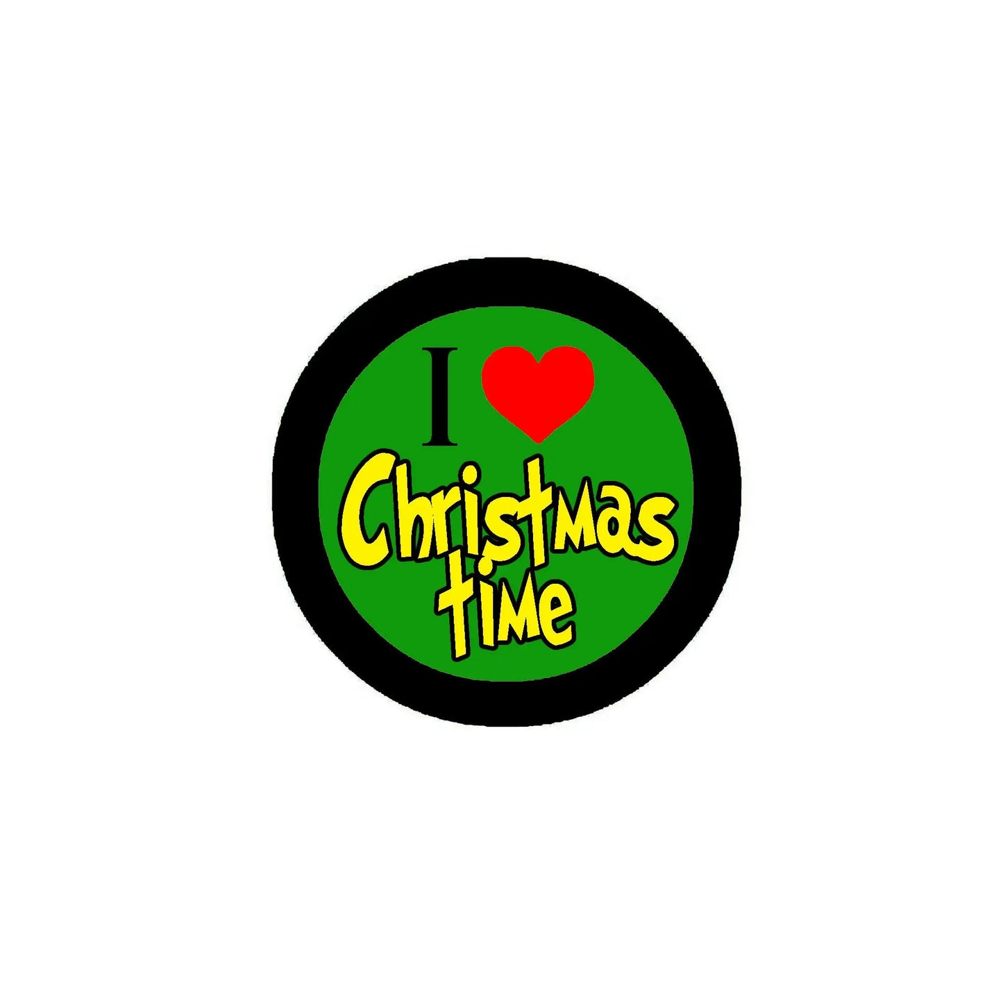 Round pinback button: black rim, green center, red heart, “Christmas Time” text