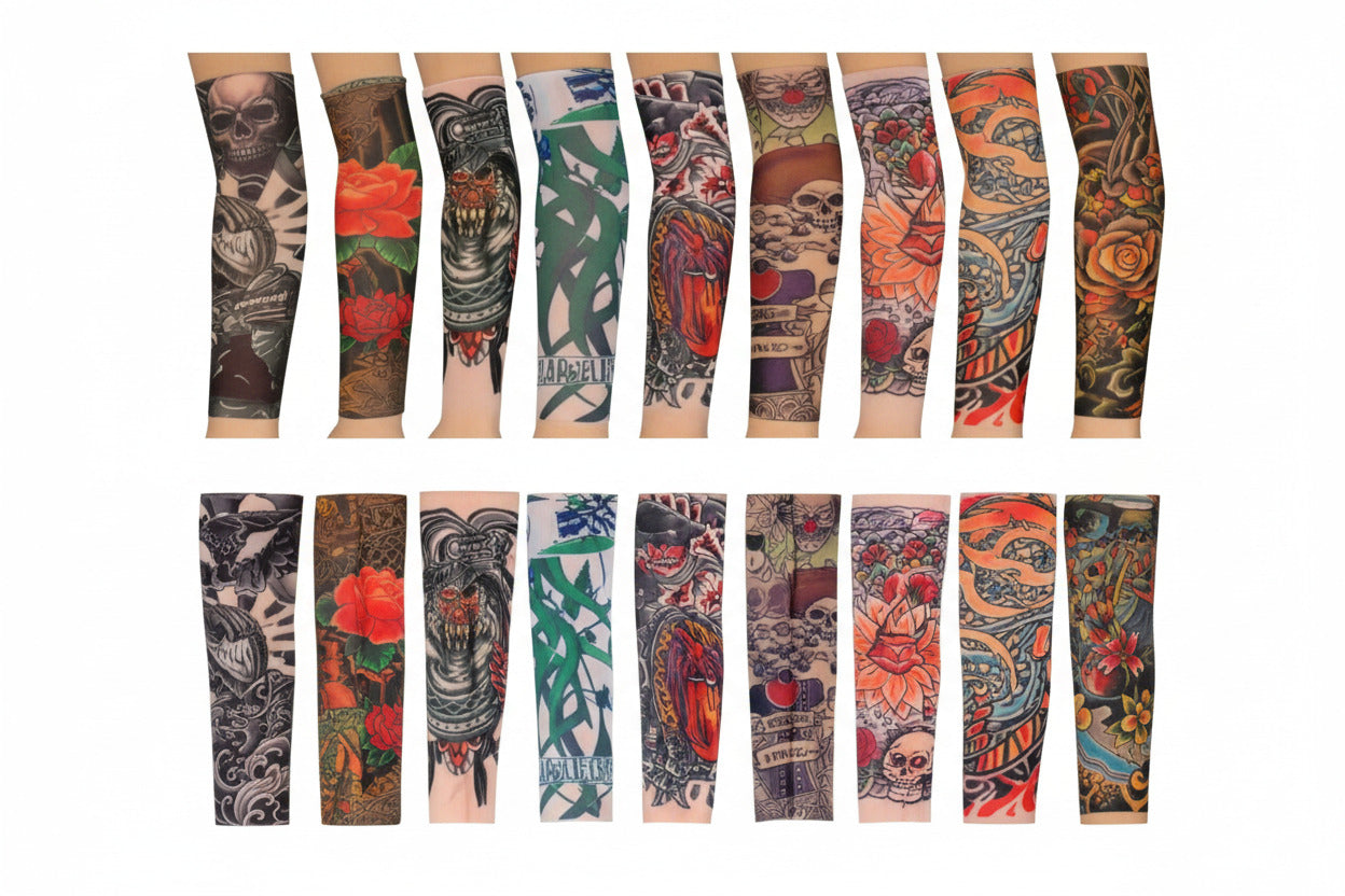 Set of arm sleeve tattoo art prints, assorted sleeve designs displayed in rows