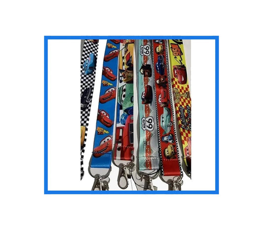 Set of 4 cartoon car lanyards with metal key clips, assorted colors and designs