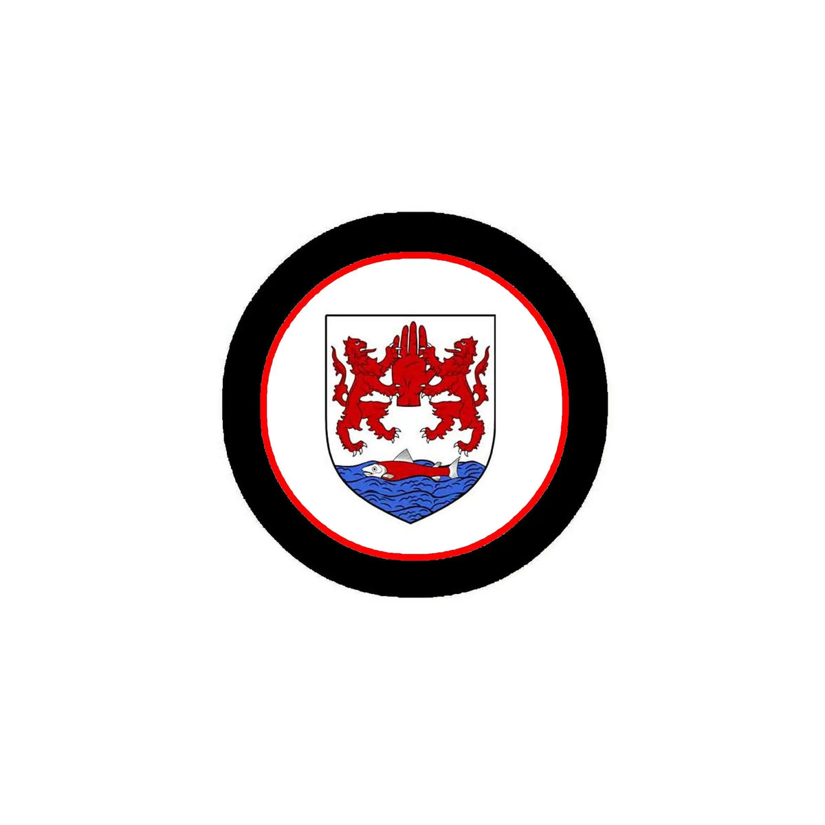 Family crest coat of arms magnet, circular black ring with red-edged shield