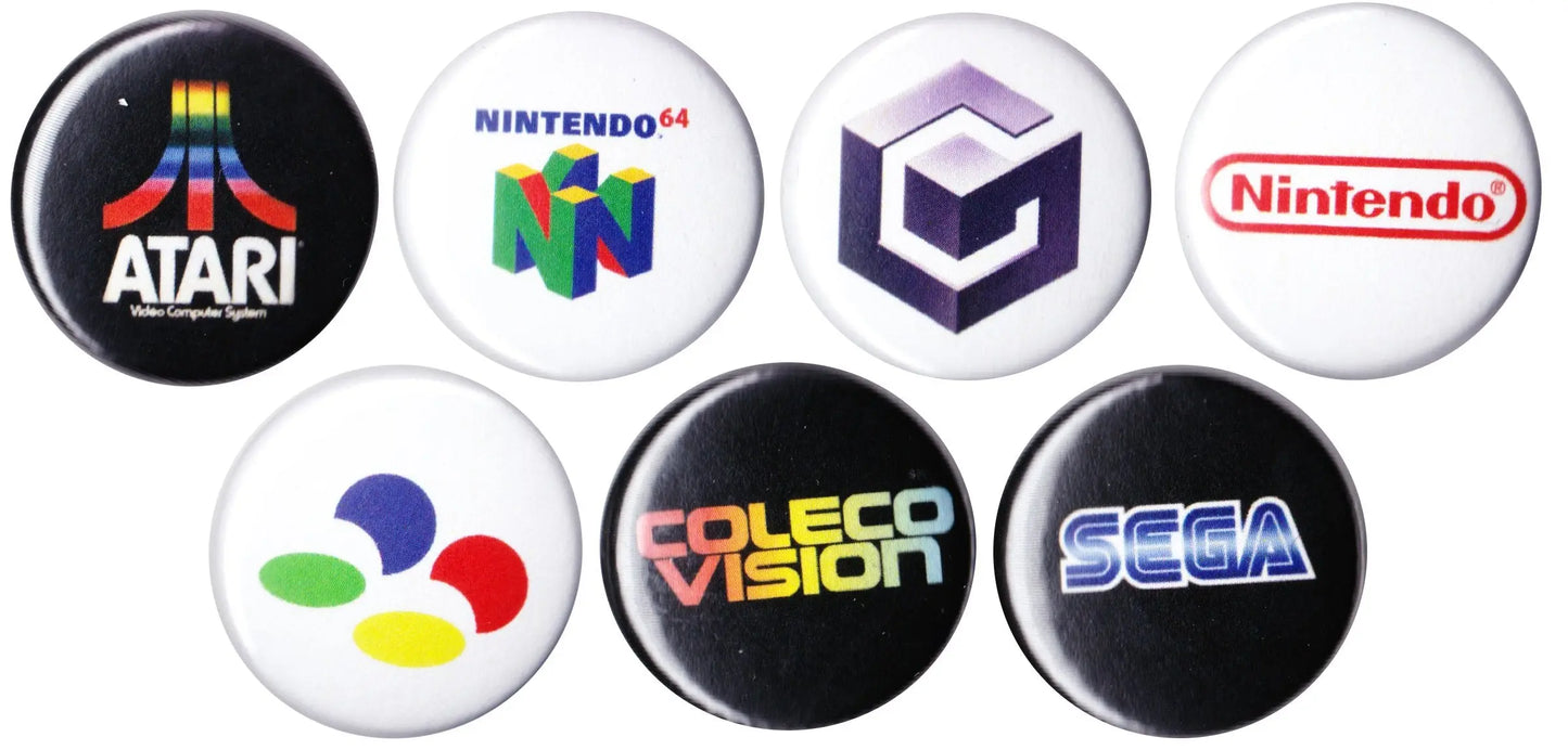 Vintage gaming button badge set, round pins with Atari, Nintendo 64, GameCube, Sega logos