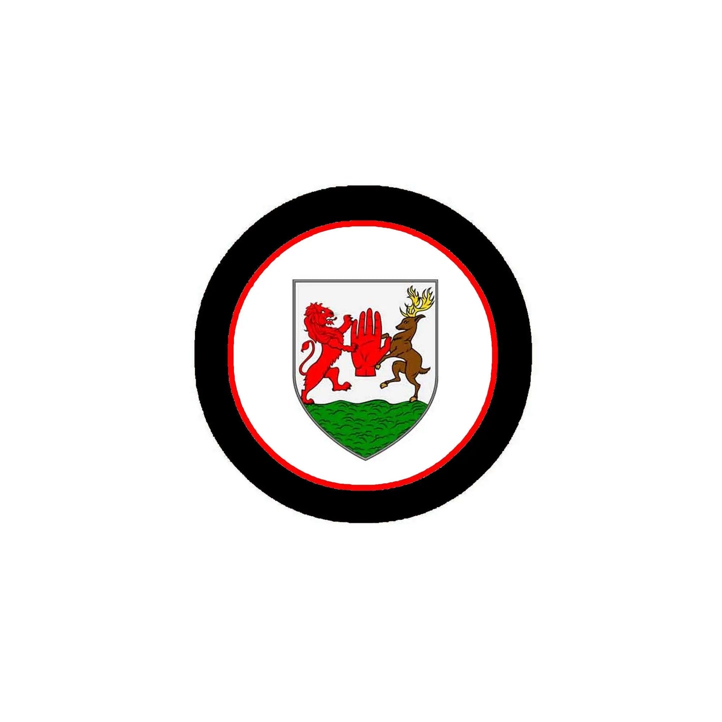Round coat of arms enamel pinback badge with black border, red and green crest