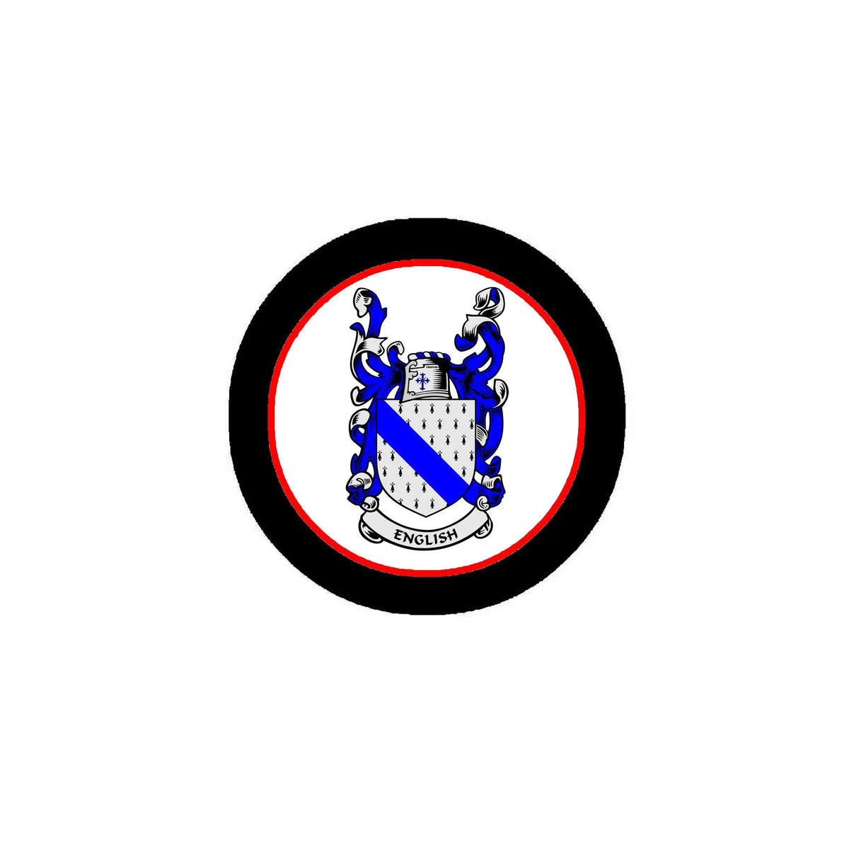 Round coat-of-arms magnet with blue shield crest and black border, 3-inch