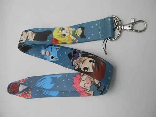 Blue anime character lanyard with metal clasp and key ring for ID badge