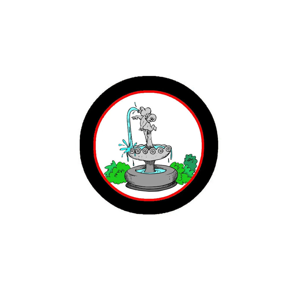 Round fountain-themed pinback button with black border and colorful cartoon fountain