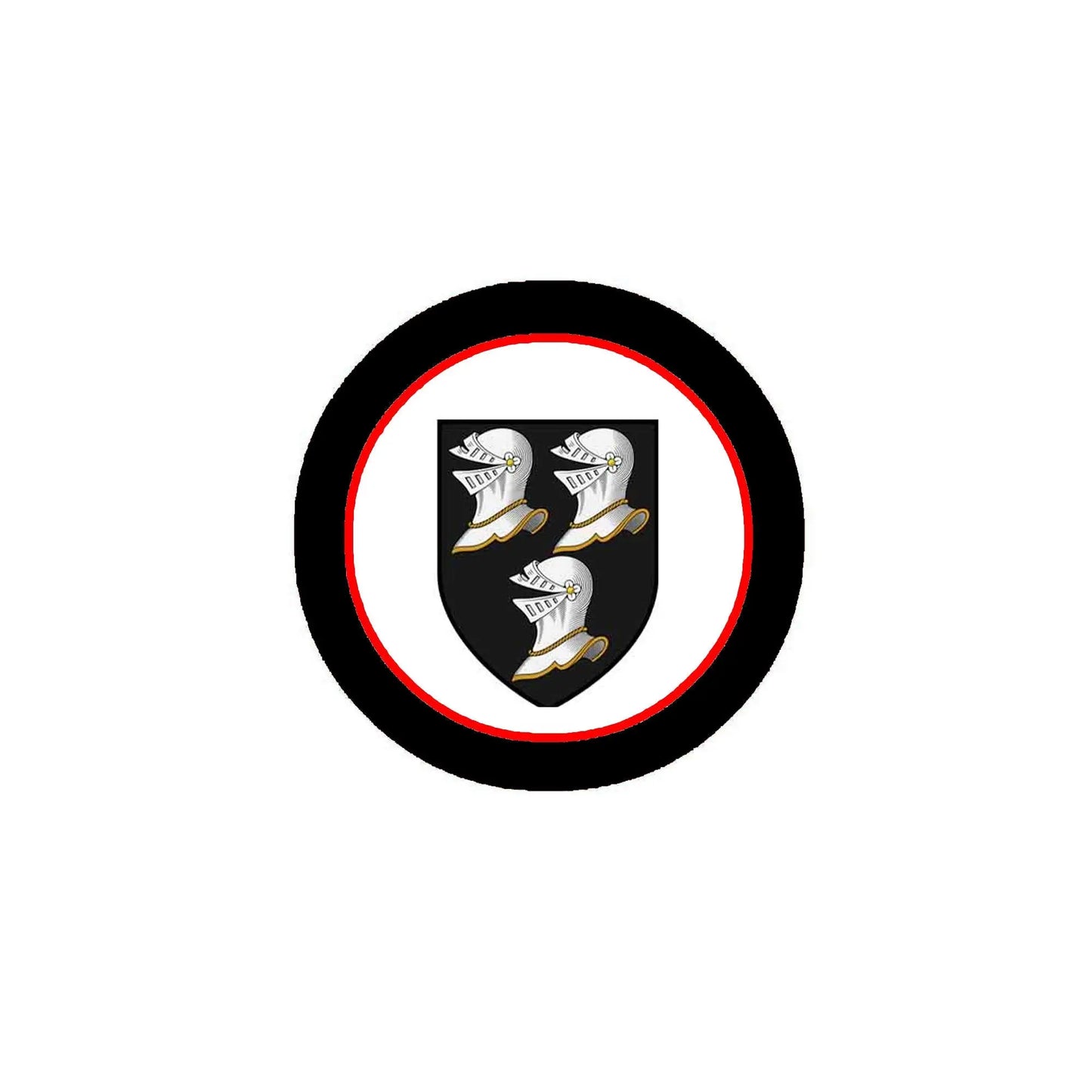 3-inch round coat of arms magnet with black ring, red trim, and shield emblem