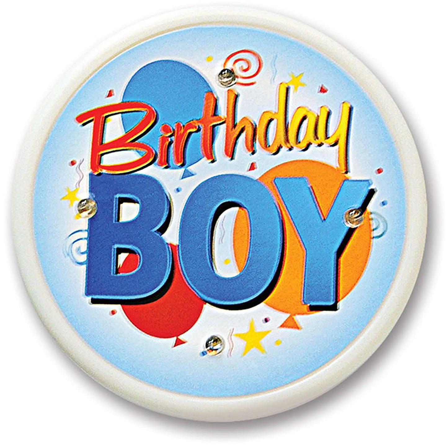 Round 2.25-inch birthday boy pinback button with blue lettering