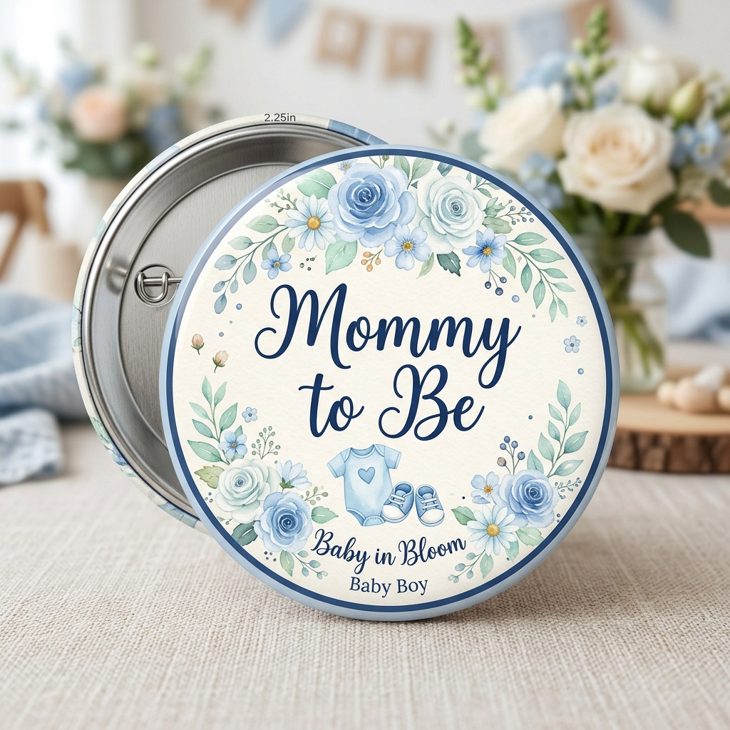 Baby in Bloom Boy Blue Floral Shower Mommy Pin Button 2.25-inch