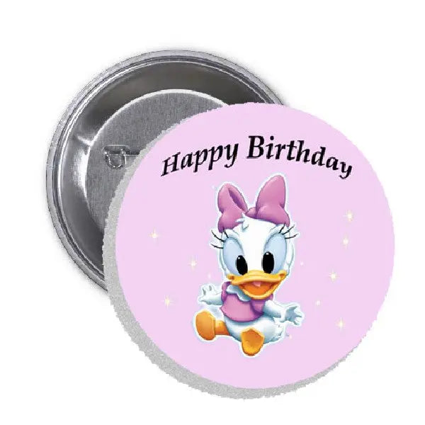 Pink round pinback button with Happy Birthday text and cartoon duck illustration