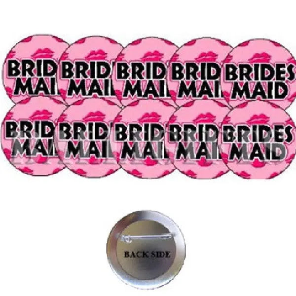 Round pink pin set of 10 with bold 'BRID' and 'MAIL/MAID' lettering, back side shown