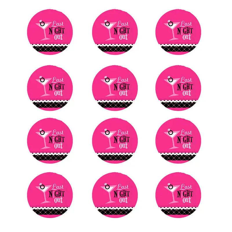 Pink circular pinback buttons set with 'Last Night Out' and scalloped black border