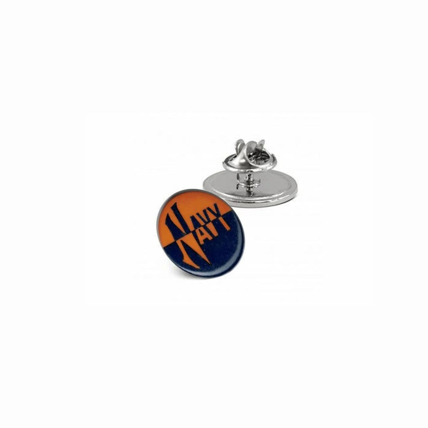 Navy and orange round enamel lapel pin with metal back clasp