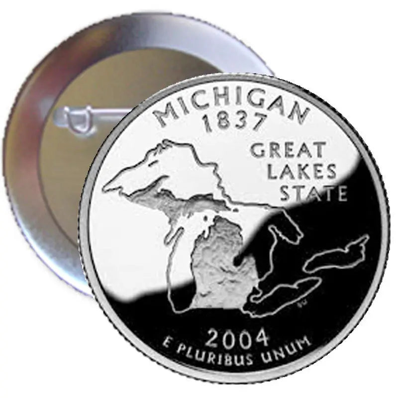 Round pinback button with Michigan 1837 Great Lakes State coin design