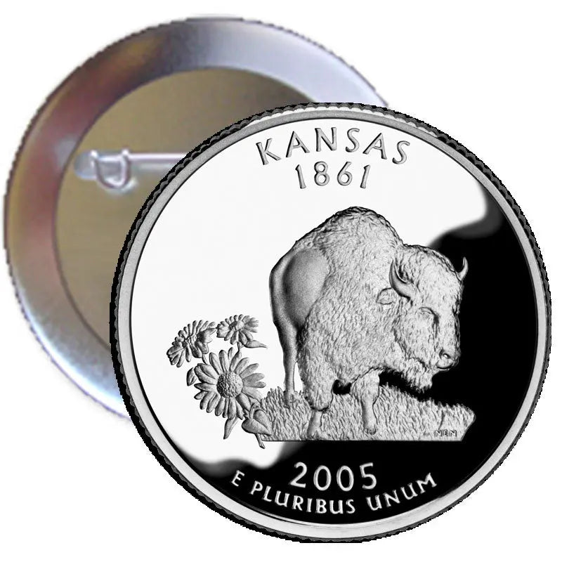 Kansas 2005 quarter mint pinback button with bison, flowers, and Kansas 1861 text