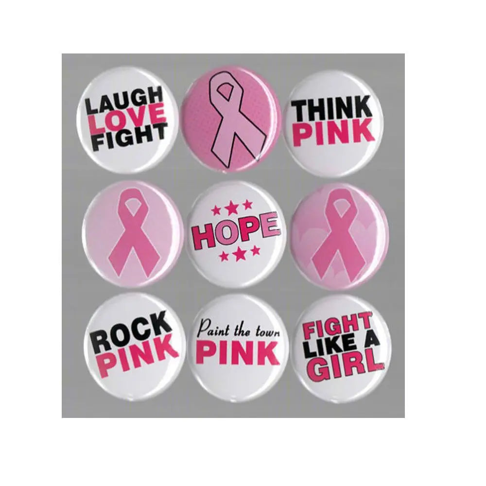 Pink ribbon awareness pin button set of circular pins with pink ribbon and slogans