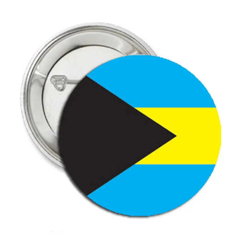 1.25-inch pinback button with Bahamas flag design in blue, yellow, and black triangle