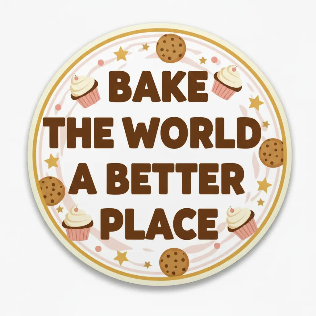2.25-inch pinback button with 'BAKE THE WORLD A BETTER PLACE' and cookie icons