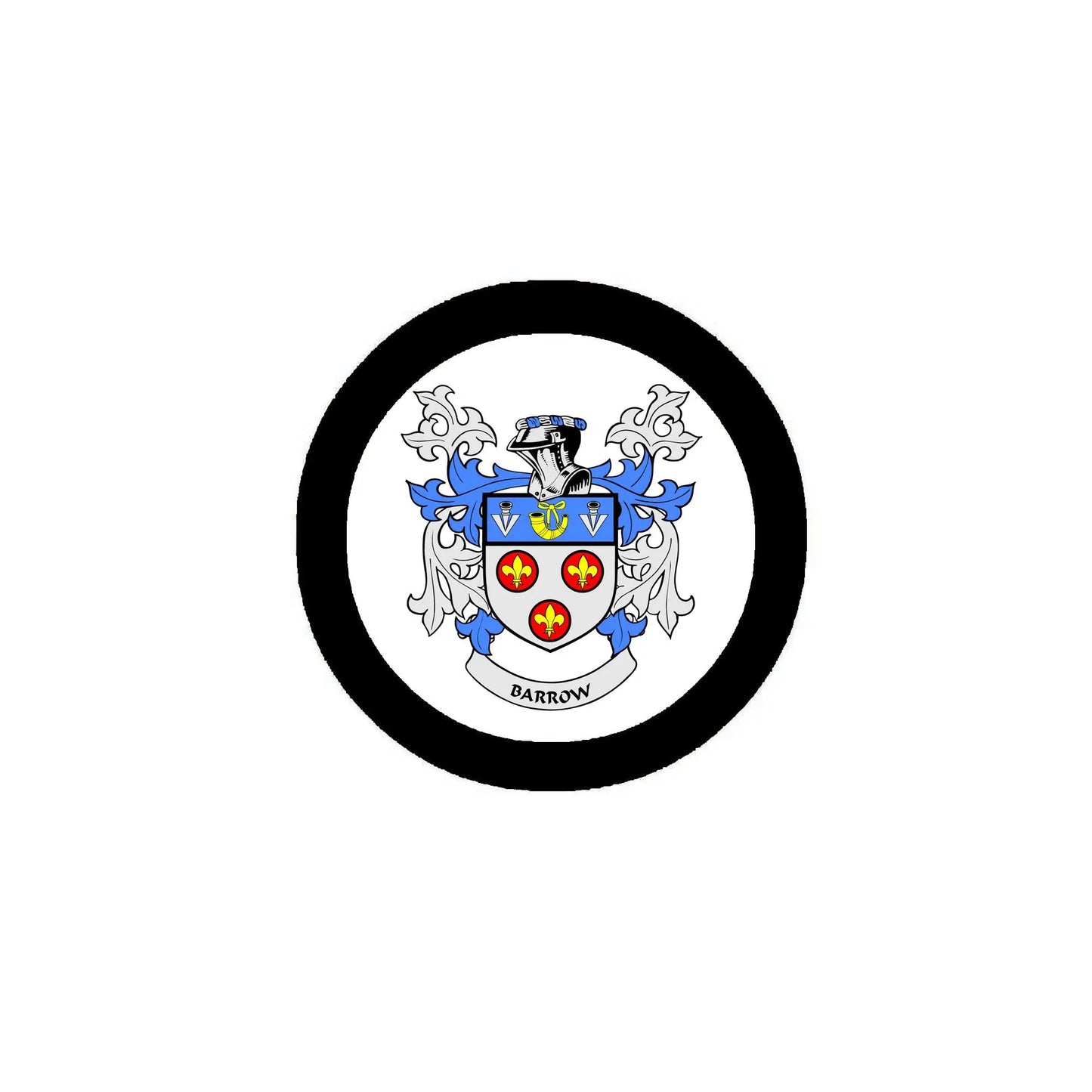 Barrow family crest arms magnet with black circular frame and blue shield