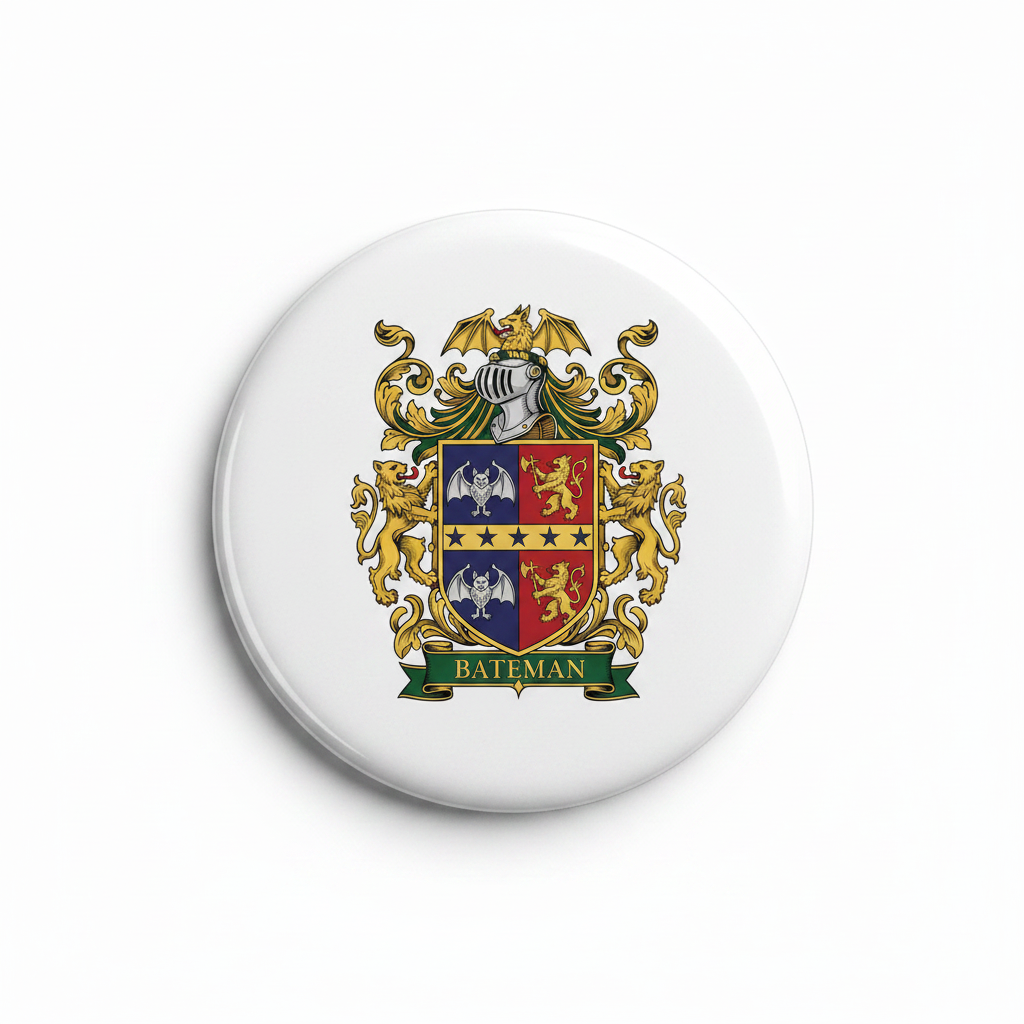 Round family crest coat of arms magnet with Bateman shield design