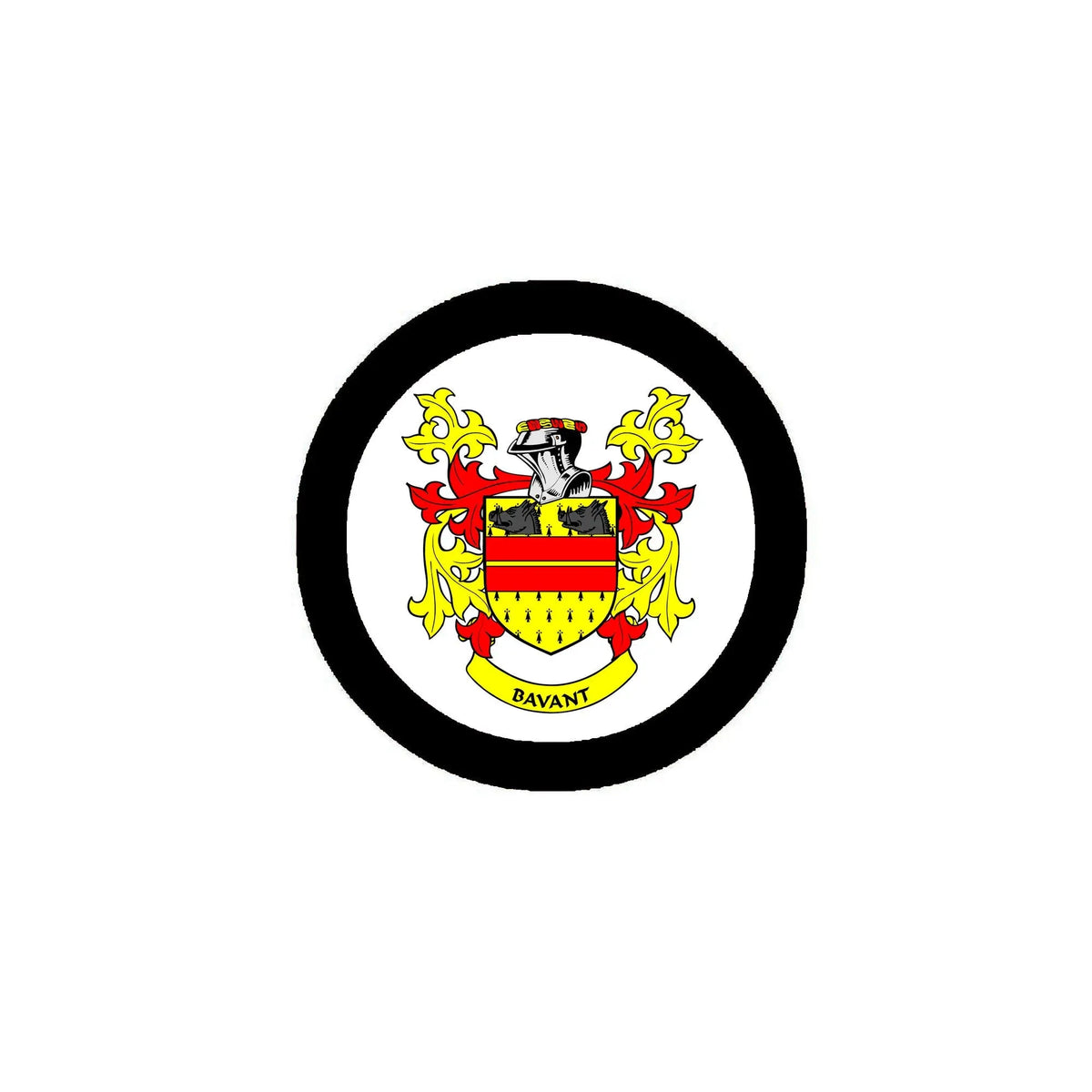 Round 3-inch coat of arms magnet, black rim with colorful shield crest and banner.