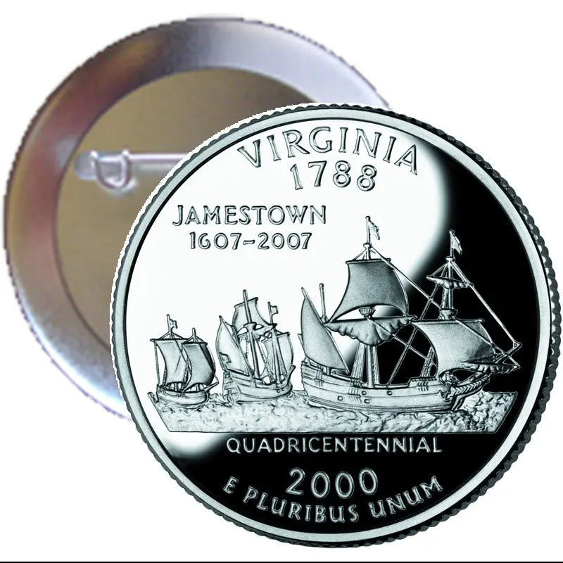 Virginia 1788 commemorative coin-style pinback button, 2.25-inch, ship and text