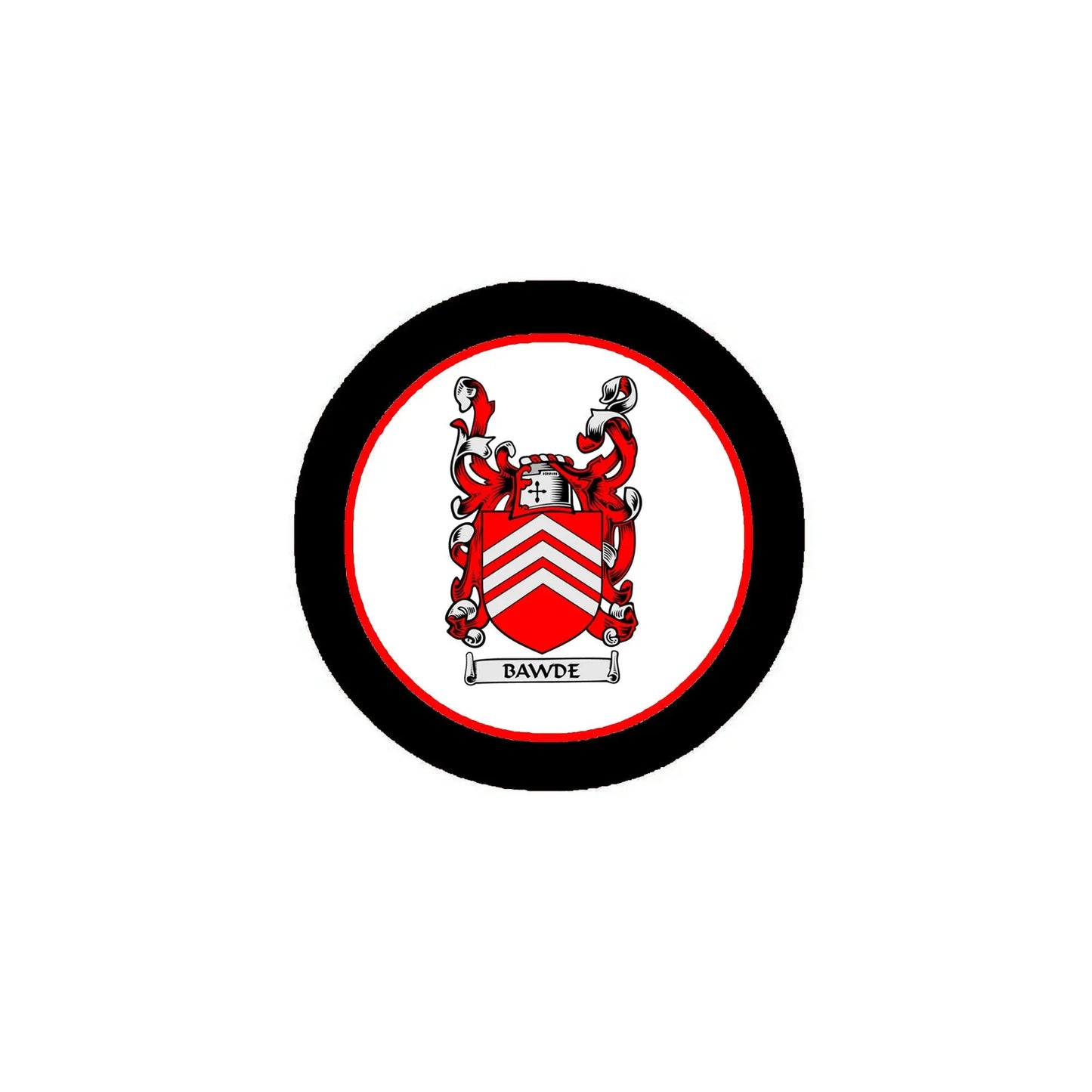 Round black coat of arms magnet with red-and-white shield crest, DAWDE text