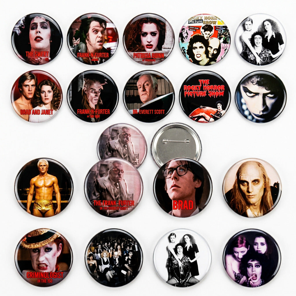 Round pinback button set with assorted cast portraits and themed artwork