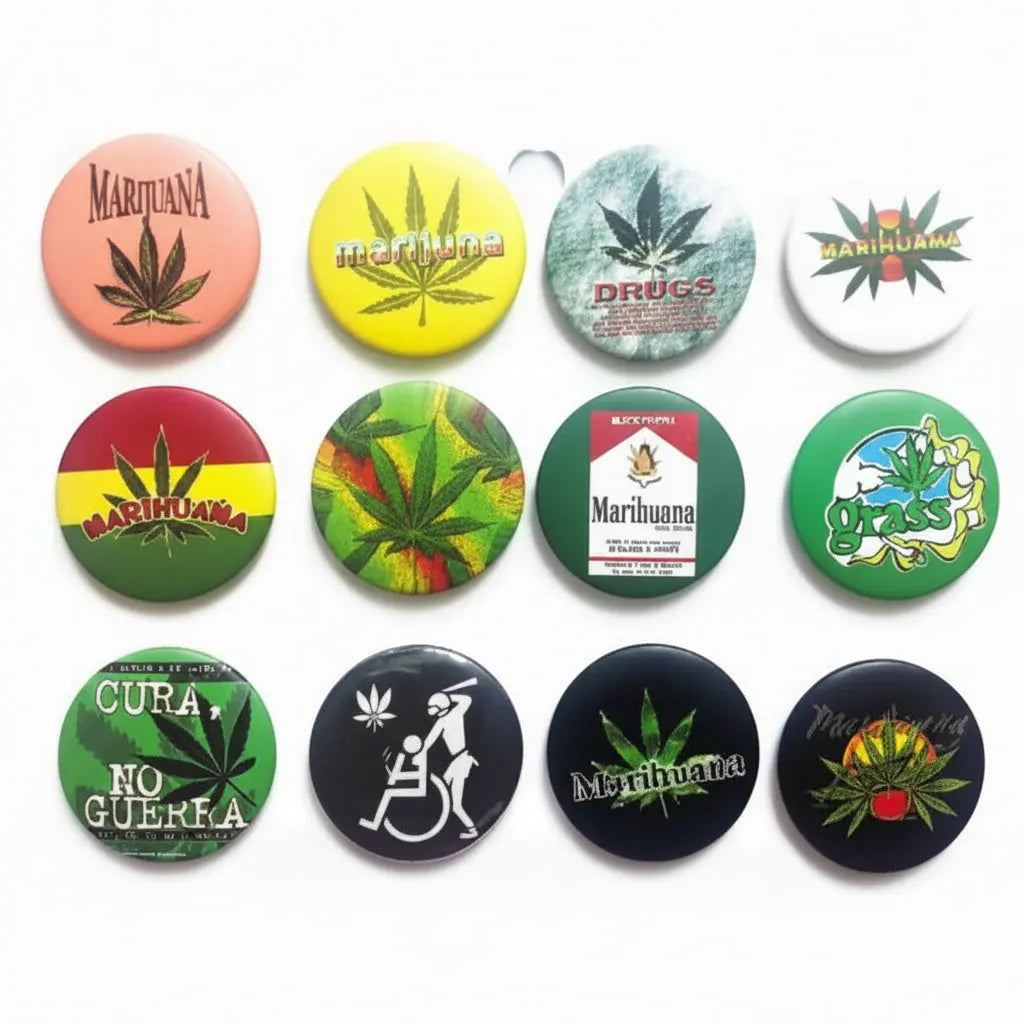 Set of 12 round cannabis-themed pinback buttons, colorful leaf and grass designs