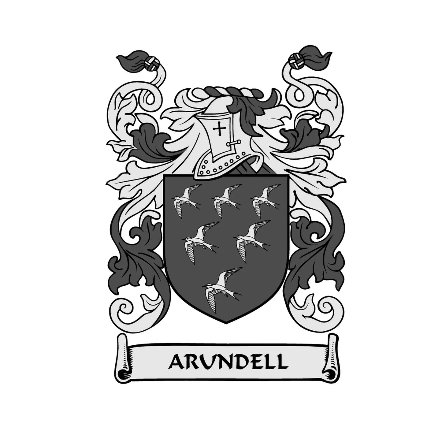 Coat of arms family crest magnet with dark shield, birds, and 'ARUNDELL' banner