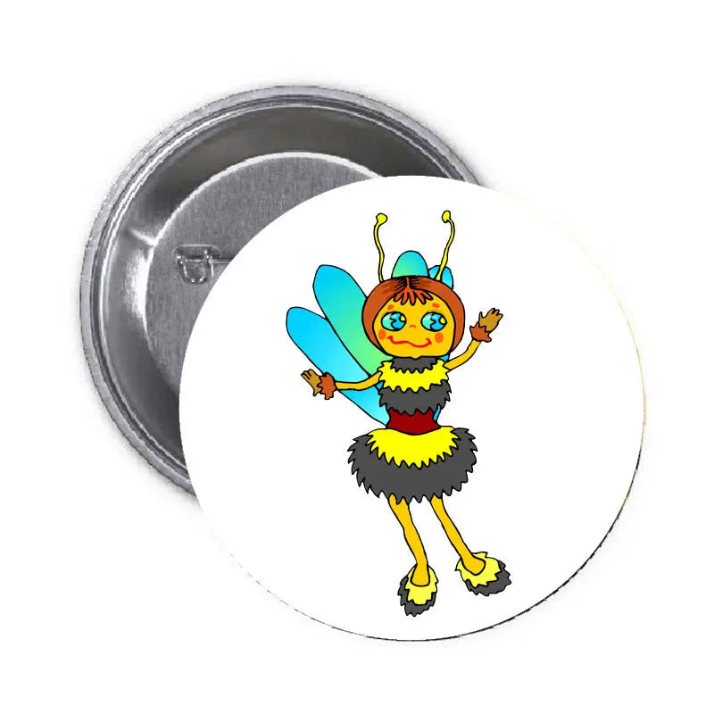 2.25-inch pinback button with cute bee girl in cyan and yellow