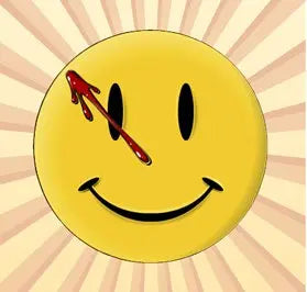 Round yellow smiley face pinback button with black eyes and curved smile