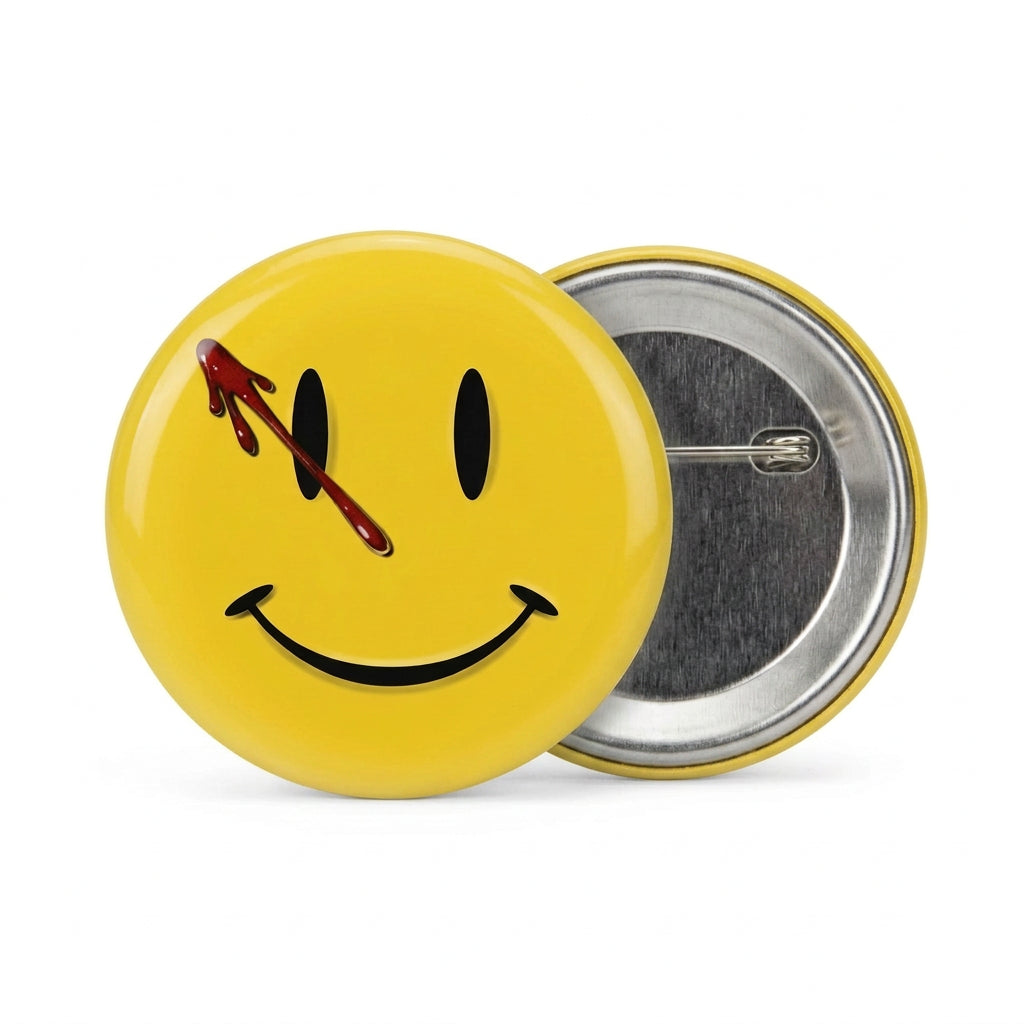 Round yellow smiley face pinback button with black eyes and curved smile