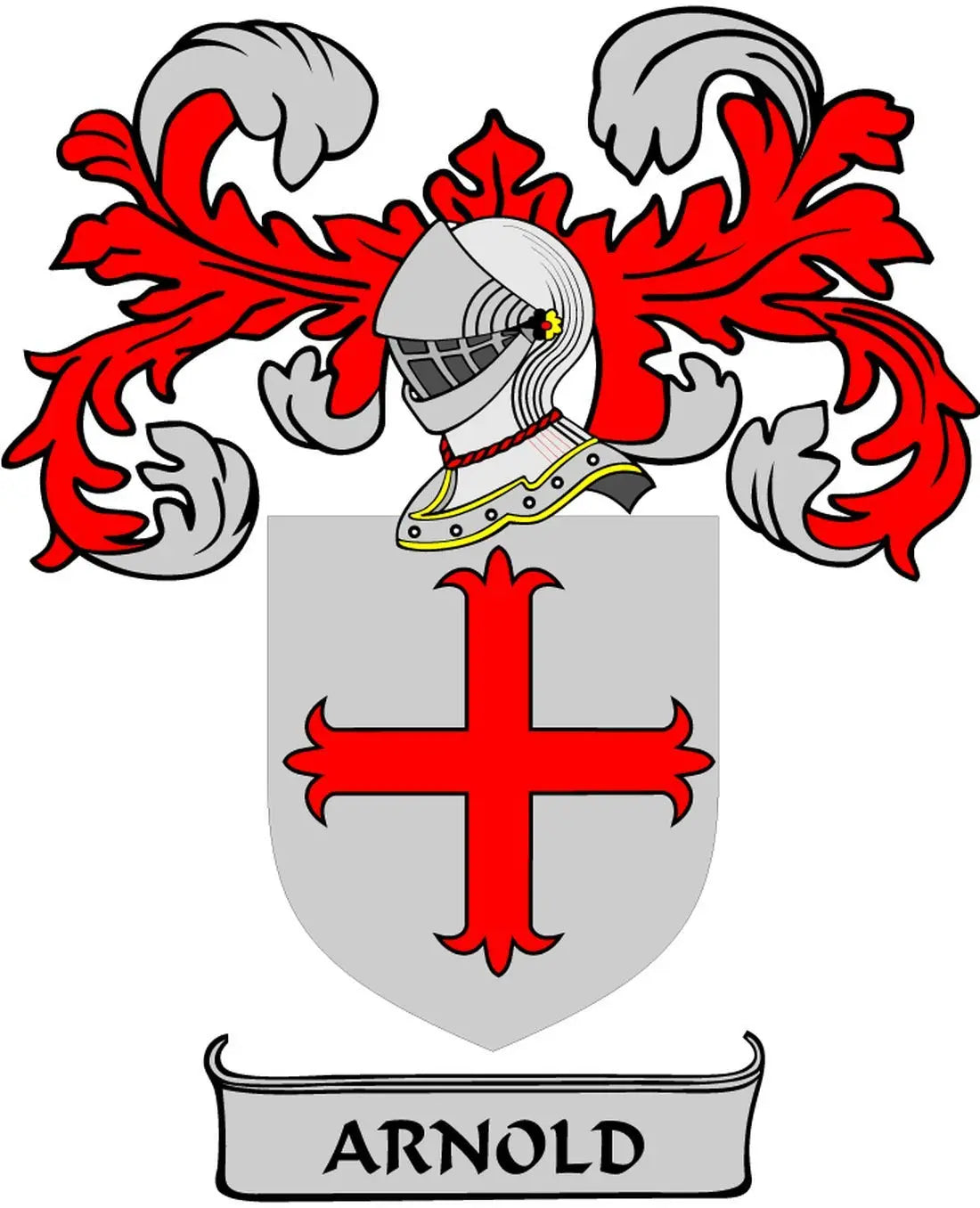 Family crest coat of arms magnet, gray shield with red cross, helmet and red lions