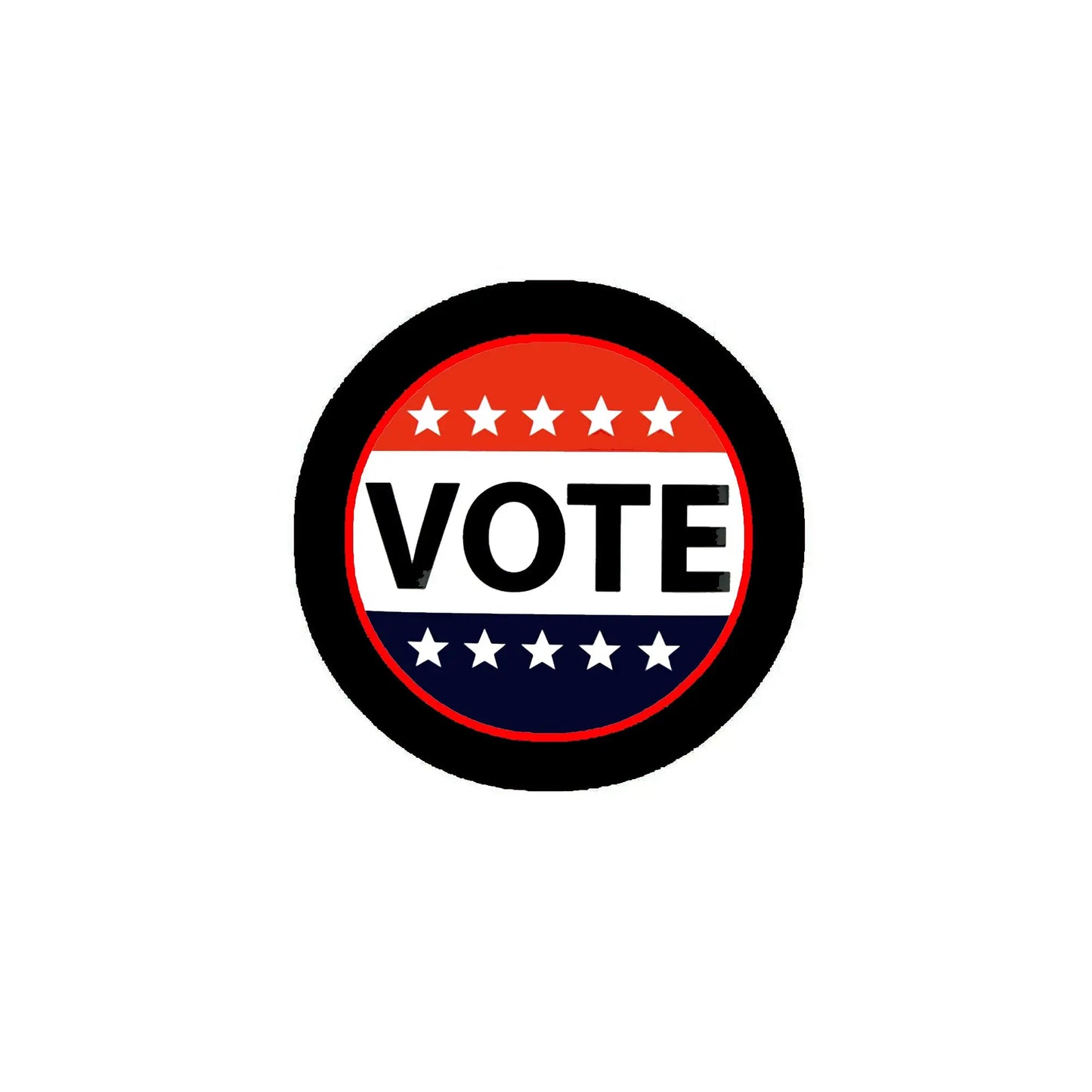 Circular VOTE badge pin with red center, white letters, and star details, black rim