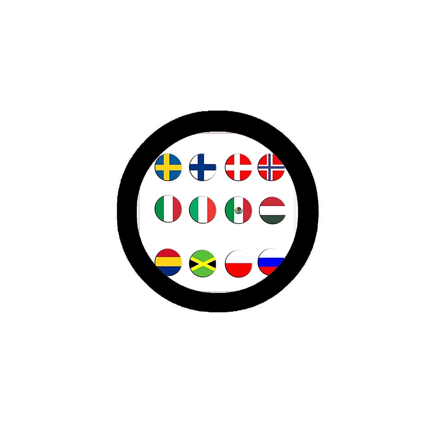 Round pinback button with black rim and circular collage of country flags