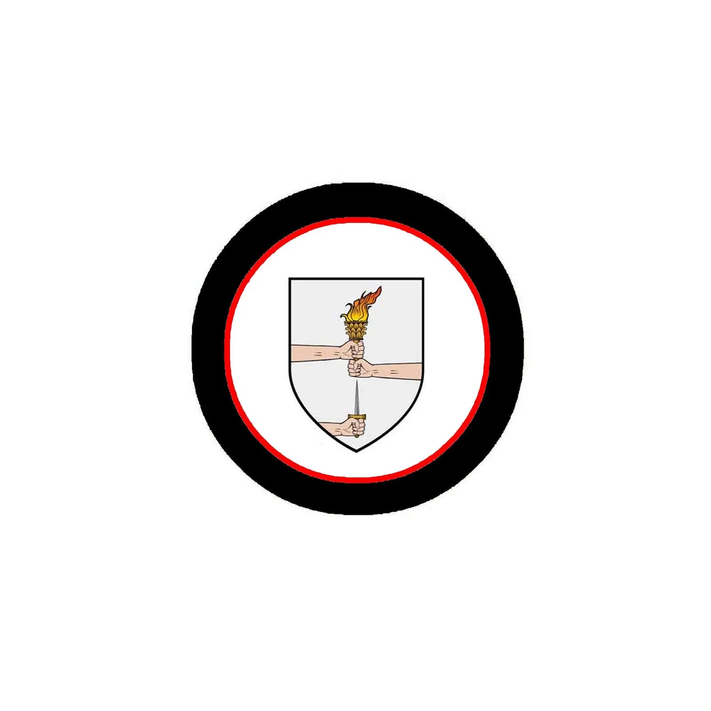 Round coat of arms magnet with black ring, red border, shield emblem